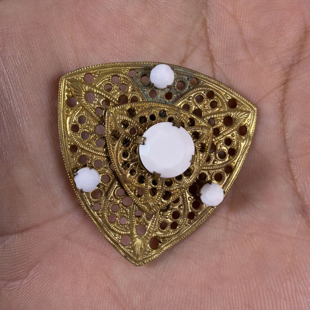 Vintage Victorian Revival Gold Tone Filigree Triangular Shield Brooch Faux Pearl